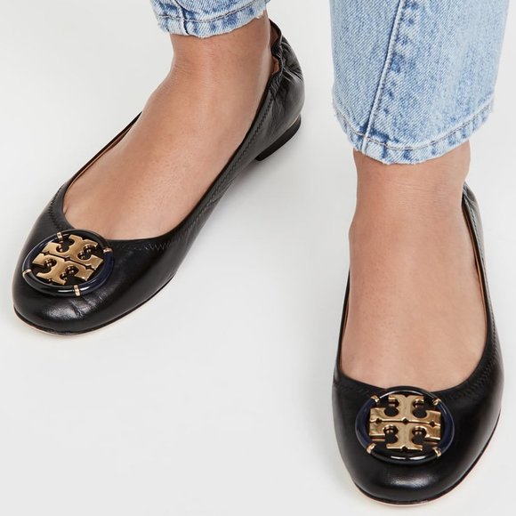 Tory Burch Enamel Logo Leather Ballet Flats Perfect Black Gold Heel Details - Picture 9 of 15
